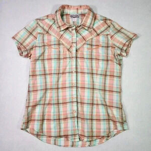PINK Cattlelac Women's Western Short Sleeve L Peach Plaid Snaps‎ Cowgirl Rodeo